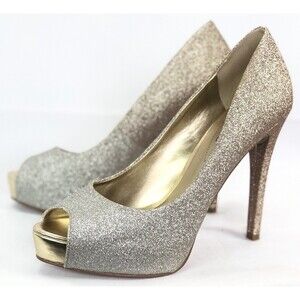 Guess peep toe pumps high heels 6 1/2 Gold/silver Glitter WG patches 4 1/2 Heels